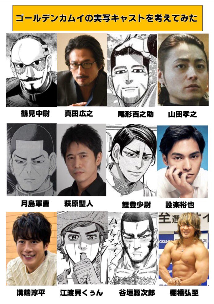ムタ Gw暇過ぎたのでゴールデンカムイの実写キャストを考えてみた あくまでも個人的な好みの範疇のものです 谷垣だけはどうしても俳優さんが見つからなかったので大好きな棚橋さんにしました そして生瀬さん ごめんなさい 笑 ゴールデンカムイ 金