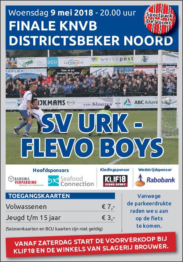 Kaarten voor <a href="/SVURK/">Sportvereniging Urk</a> - <a href="/flevoboys/">Flevo Boys</a> zijn vanaf 10.00 uur vandaag ook te koop in de kantine op Sportpark De Vormt
