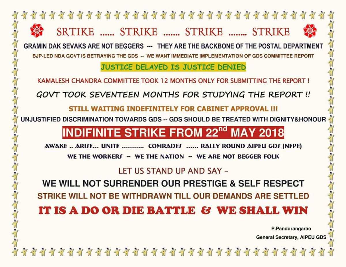#INDIFINITE_STRIKE of #GraminDakSewak from 22nd of MAY 2018   <a href="/IndiaPostOffice/">India Post</a> 
<a href="/manojsinhabjp/">Manoj Sinha</a> <a href="/narendramodi/">Narendra Modi</a>