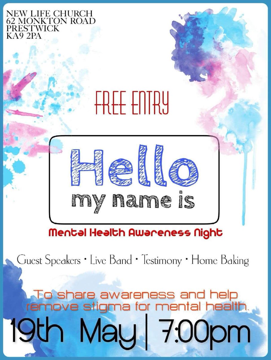 NLPrestwick's tweet photo. Our Mental Health Awareness Night is fast approaching.
•
Why not join us on the 19th May at 7.00pm so that we can break the stigma around Mental Health.
#newlifelovesprestwick https://t.co/ssi763M72m