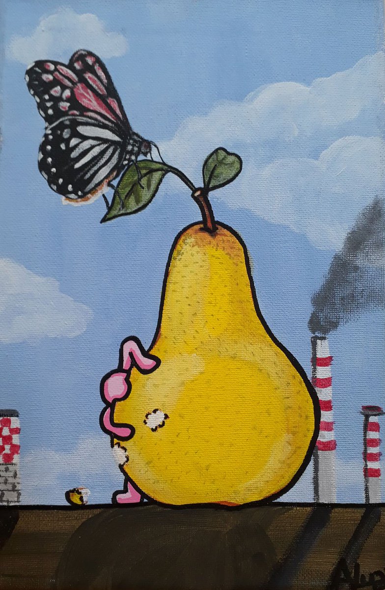 WhiteCityGaller's tweet photo. Street Artist ALUA gives us ‘La Pera Tossica’ (the toxic pear) original painting on canvas 20x30cm #pear #toxic #whitecity #pollution #yellow #fruit #chimney #ominorosa #butterfly #streetart #pinkman #paradiselost #environment #miniart #acrylic #hieronymusbosch @STREETARTMILANO https://t.co/SJbdNLgHwr