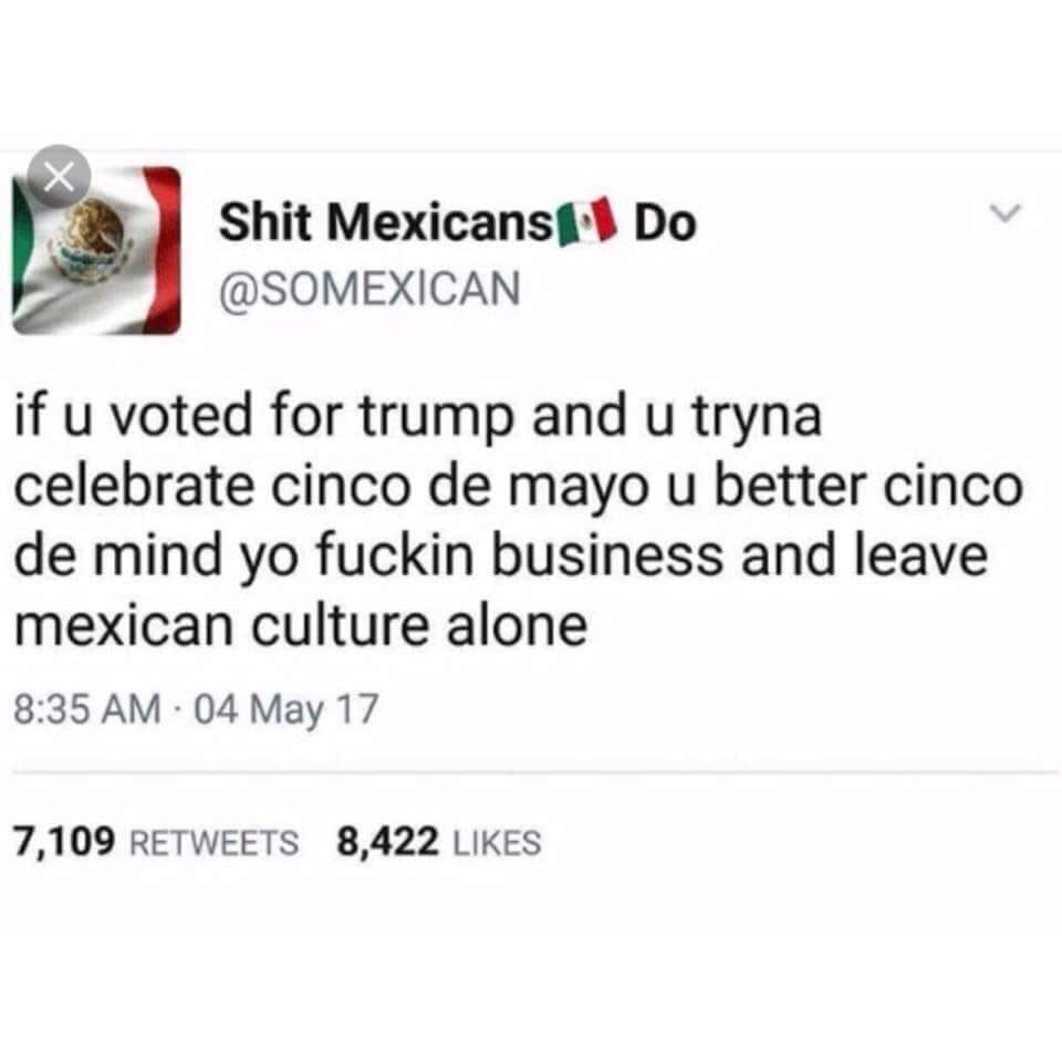TaniaOnce's tweet photo. Public service announcement #CincoDeMayo #NotIndependenceDay #MexicoDoesntCelebrateThisShit https://t.co/wjzPhqodhN