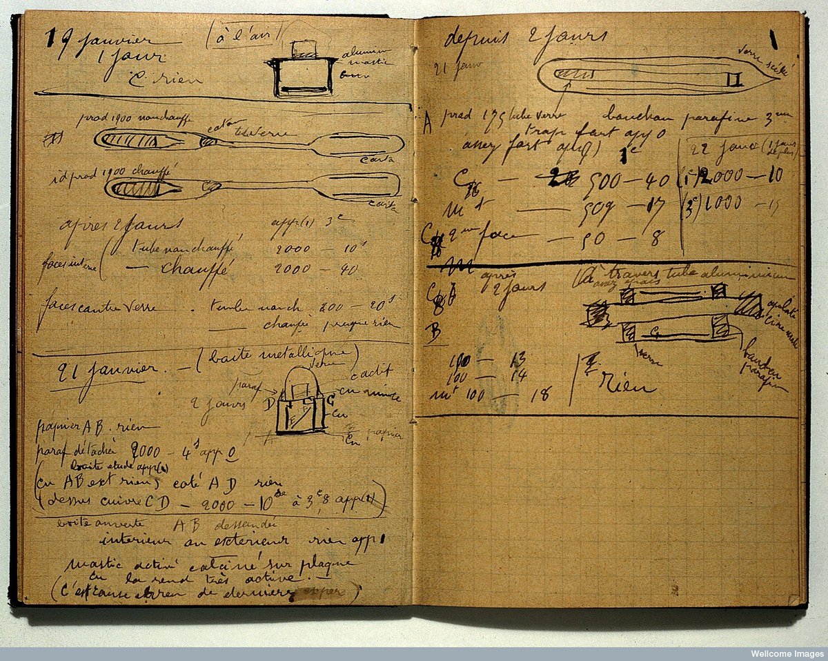 NobelPrize's tweet photo. Take a peek at Marie Curie's notebook from 1899-1902, containing notes from experiments on radioactive substances. The notebook is still radioactive and will be for 1,500 years. Photo: Wellcome Images. #NobelPrize https://t.co/jHe6t7EgRX