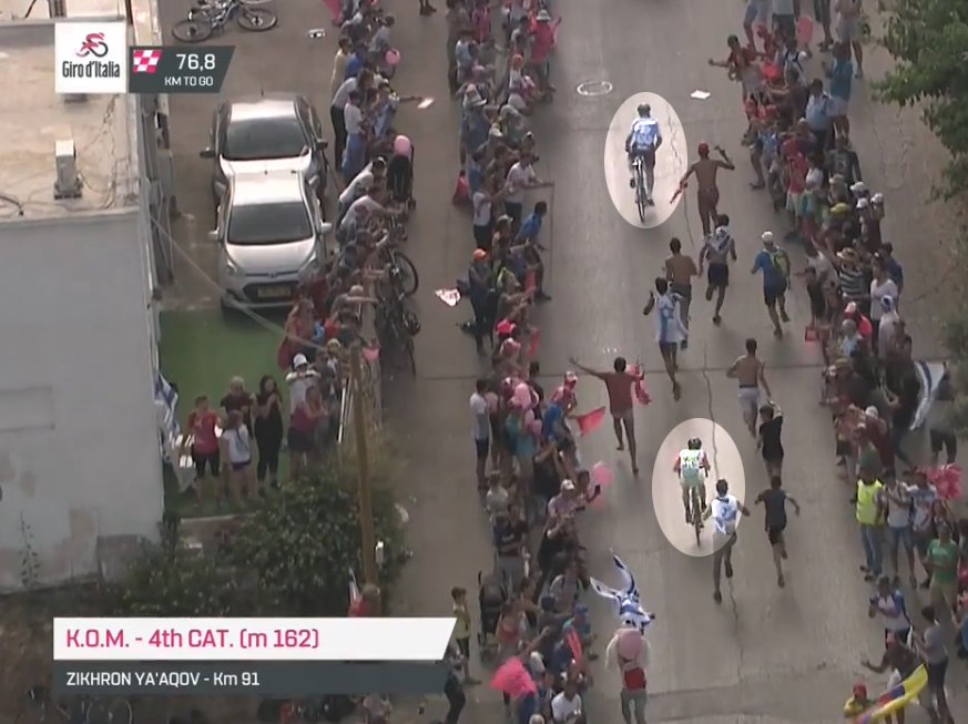 In a race where teams were encouraged to hire armed security details for the riders' safety, something really needs to be communicated to the Israeli spectators about race safety... #Giro101