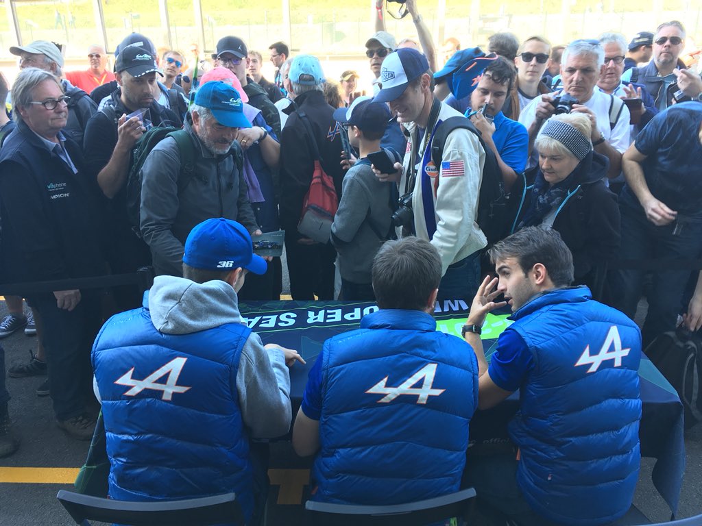 RNO_Christophe's tweet photo. Autograph session shows #AlpineSignatech fans community here in Spa. @Nico_Lapierre, @NegraoAndre and Pierre Thiriet in pole position at #6HSPA #FIAWEC @Groupe_Renault https://t.co/hsvwlOwHBw