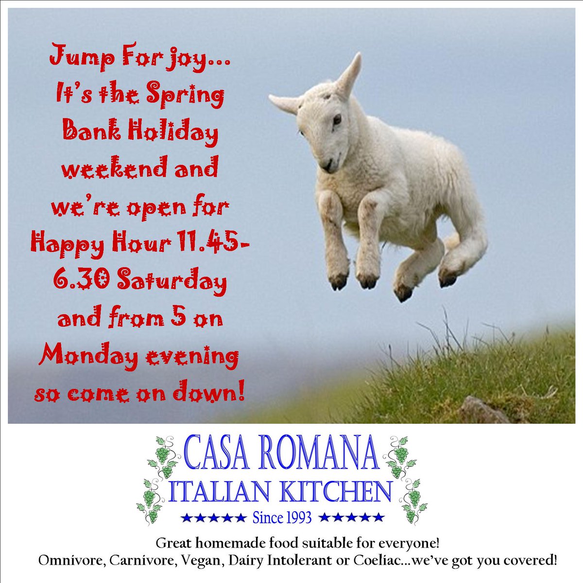 Happy Bank Holiday weekend peeps!!! 
Whether  you're Vegan, Coeliac, Carnivore or Omnivore...we've got your back...
Open all day Saturday and this Bank Holiday evening. ow.ly/Ukr730jQqfF Share please