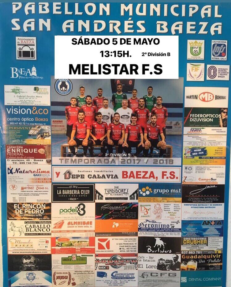 Os esperamos a todos en uno de los partidos más importante de la temporada. Nos vemos en el San Andrés, afición 😉💪🏽

🆚 <a href="/Melistar_FS/">MELISTAR FS - Melilla Ciudad del Deporte</a> 

📆 HOY, SÁBADO 5 DE MAYO.

⌚️ 13:15H.

🏟 Pabellón San Andrés, Baeza.