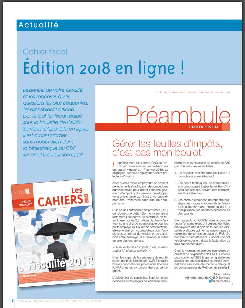 marcsabek's tweet photo. Le Cahier Fiscal du chirurgien-dentiste est publié; en ligne pour tous les abonnés du CDF. Les conseils pratiques et des réponses claires sur l’évolution de la fiscalité du praticien libéral https://t.co/wi9fy8Z7Id