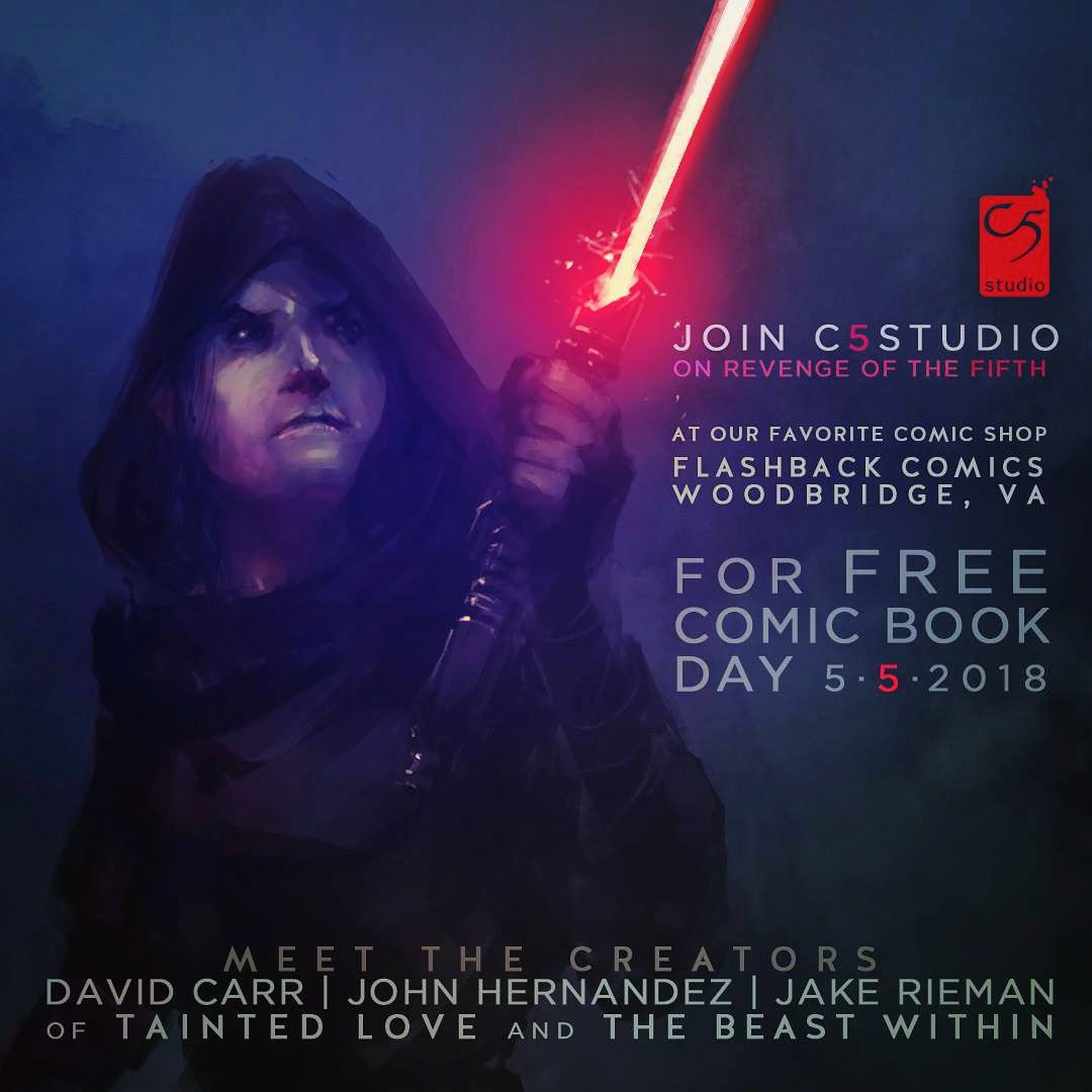 c5studio's tweet photo. Join @c5studio TODAY at Flashback: Comics for #FreeComicbookDay.
Meet David Carr &amp; John Hernandez of TAINTED LOVE + our new artist Jake Rieman of THE BEAST WITHIN

#TaintedLoveComic #TheBeastWithinComic #fcbd #RevengeOfTheFifth #CincoDeMareEstudio? https://t.co/L63vOgVqpK