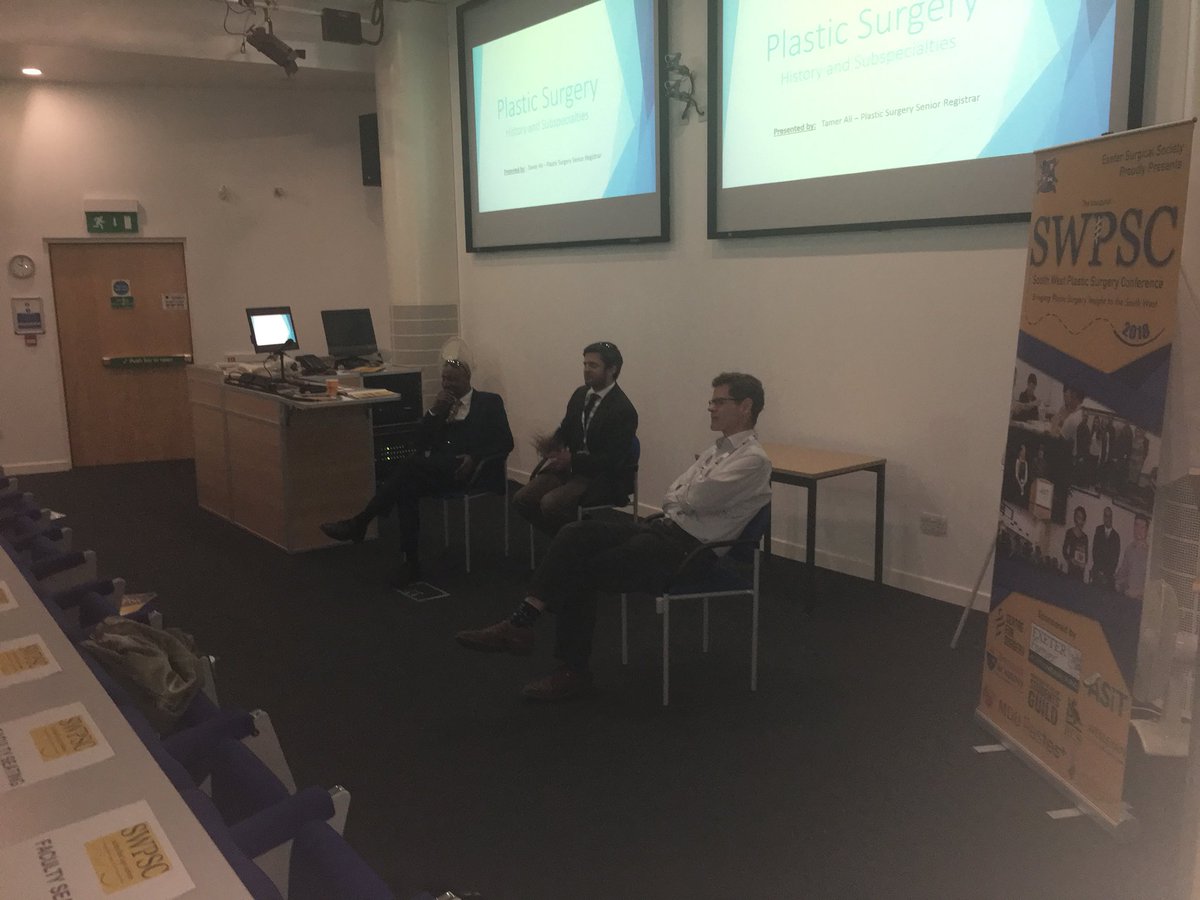 ExeterSurgSoc's tweet photo. A great panel discussion with leading plastic surgeons at #SWPSC, Mr Devaraj @Darkiedoc , Mr Andrew Watts and Mr James Coelho.
Take home msg:
‘’Your medical career is a marathon, not a sprint’- Mr Watts
‘Surgery is like Harry Potter, the wand chooses the wizard!’- Mr Devaraj https://t.co/zoI6N7Hf5x