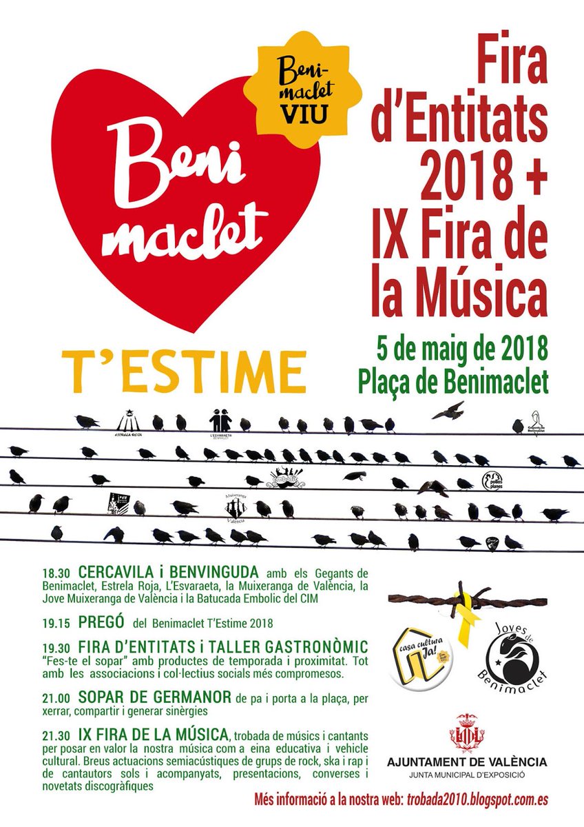 musicadelpv's tweet photo. Esta nit a les 21:30h @PoetesAnonims, @SumeriaGrup, @ViaLliureMusic, @_danielrosell, @SigarritoBand i La Douche a la IX Fira de la Música de #Benimaclet
https://t.co/ywDe3Y5Ilu https://t.co/l3EqiUpooc