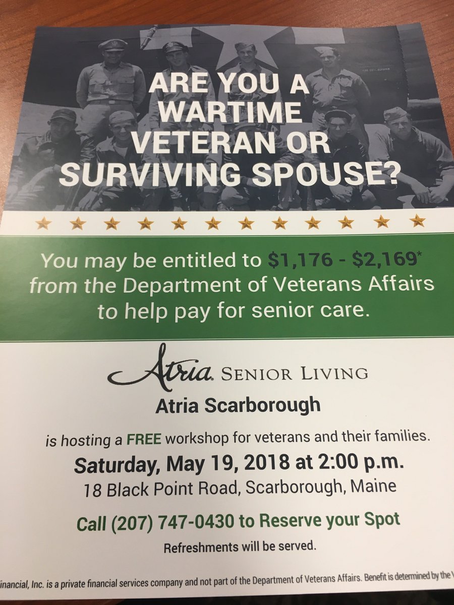SCCC04074's tweet photo. Atria Senior Living Scarborough #Maine  is hosting a FREE workshop for #Veterans and their families on Saturday, May 19, 2018 at 2p.m. https://t.co/vgD4yMNVjL