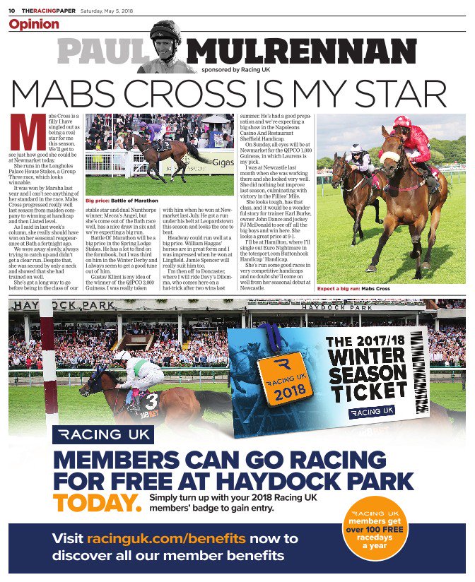 RacingPlusPaper's tweet photo. Hope all those who bought The RACING PAPER  backed our Jockey Pat Mulrennan absolute best bet of the day Mabs Cross bold Headlines  make sure you get next weeks copy https://t.co/M7aheSaeuS