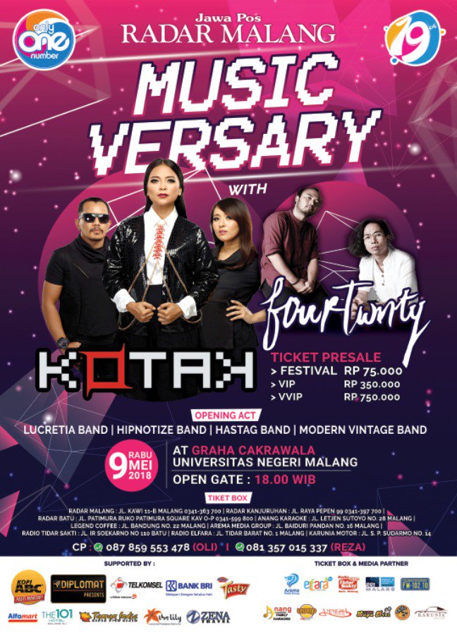 Yuk RT <a href="/doliphoto/">Doli Siregar</a>: <a href="/kotakband_/">Official KOTAK</a> dan <a href="/fourtwntymusic/">Fourtwnty</a> bakal tampil di #Musiccersary #radarmalang Gedung Graha Cakrawala Universitas Negeri Malang. Rabu 9 Mei 2018.
Yuk seru-seruan nonton bareng 😊😊😊💃