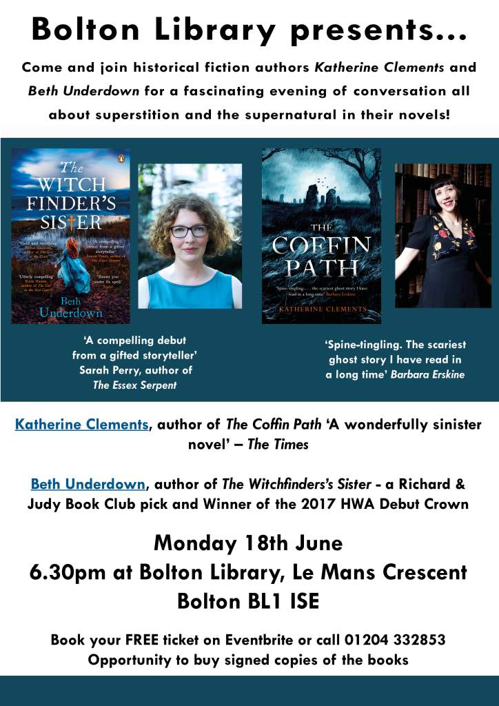 BoltonLMS's tweet photo. A fabulous double author #HisFic event with @KL_Clements @bethunderdown #CoffinPath #WitchfindersSister @headlinepg @HistoricalHWA @BoltonLMS 18 June, 6.30pm
Book FREE ticket on @eventbrite or contact 01204 332853. Opportunity to buy signed copies of both books https://t.co/vkRjelJSRe