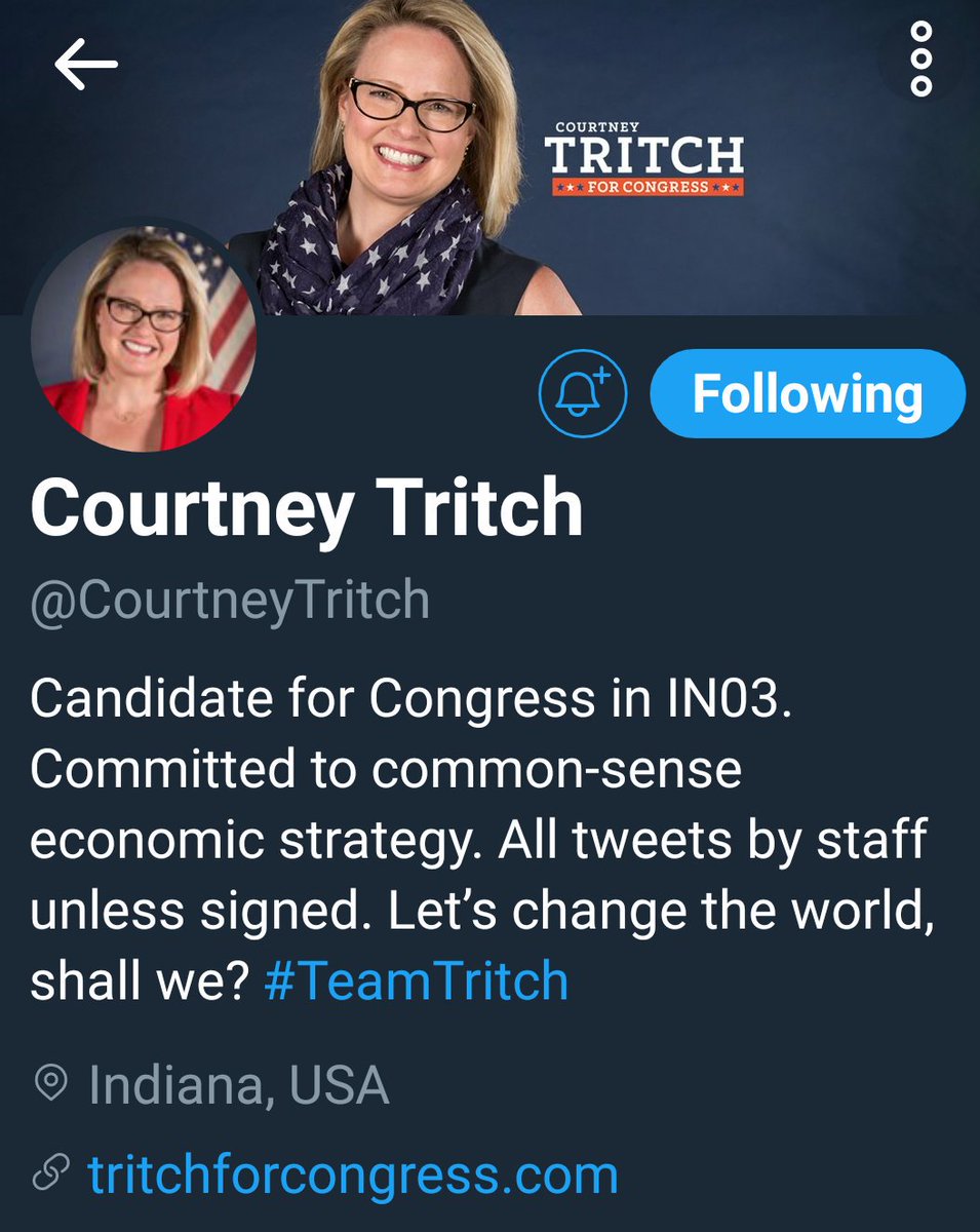 @AynRandPaulRyan @BlueWaveCS @ChristineForWA @votethornton @debbiesideris @Cruellaisdevine @SJW_Resistor @ProudResister @morethanmySLE @B52Malmet @JCTheResistance @ekcj1234 @INDIVISIBLE_IN I strongly suggest supporting @CourtneyTritch for Congress. Indiana needs a lot of help electing Democrats.