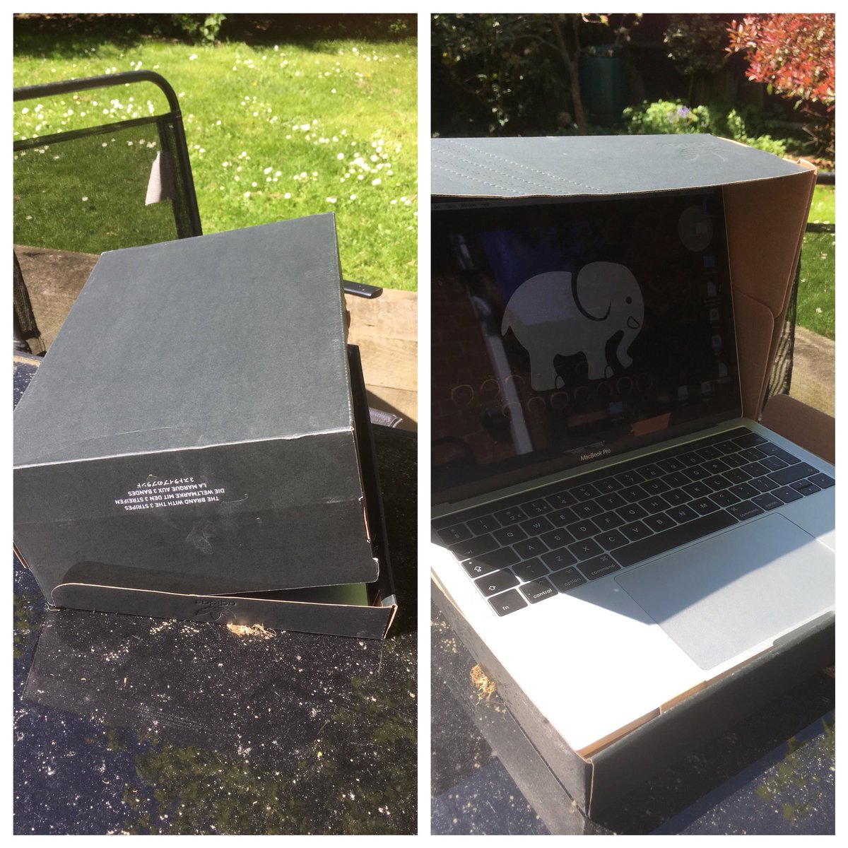 g1llh1ll's tweet image. My new work accessory for the 2/3 days per yr that British summer allows outdoor working! I give you the shoebox! (Sons size 8 trainers seems to be perfect fit for MacBook) #EverydayCreativity of a cheapskate!