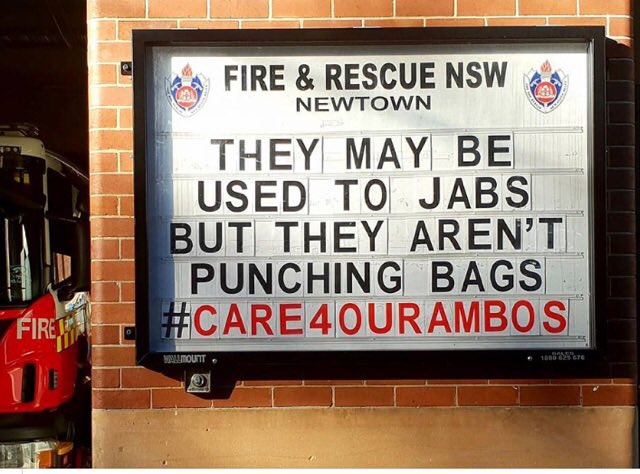 FRNSW's tweet photo. #FRNSW is showing its support of @NSWAmbulance. There’s no excuse for people who deliberately harm paramedics as they go about their daily business of treating the sick &amp; injured. Paramedics are there to help those in need, &amp; lashing out at them is never, ever ok #care4ourambos https://t.co/M6bqAXmuYU
