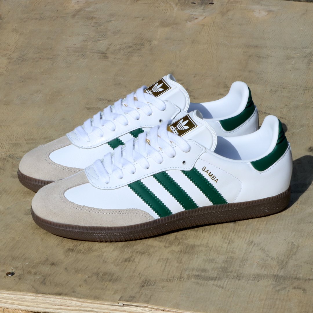 80s Casual Classics ar Twitter: "Fresh &amp; lively old skool addition the popular 80s style adidas Samba in white with green 3 stripe details available. A tough leather style known by