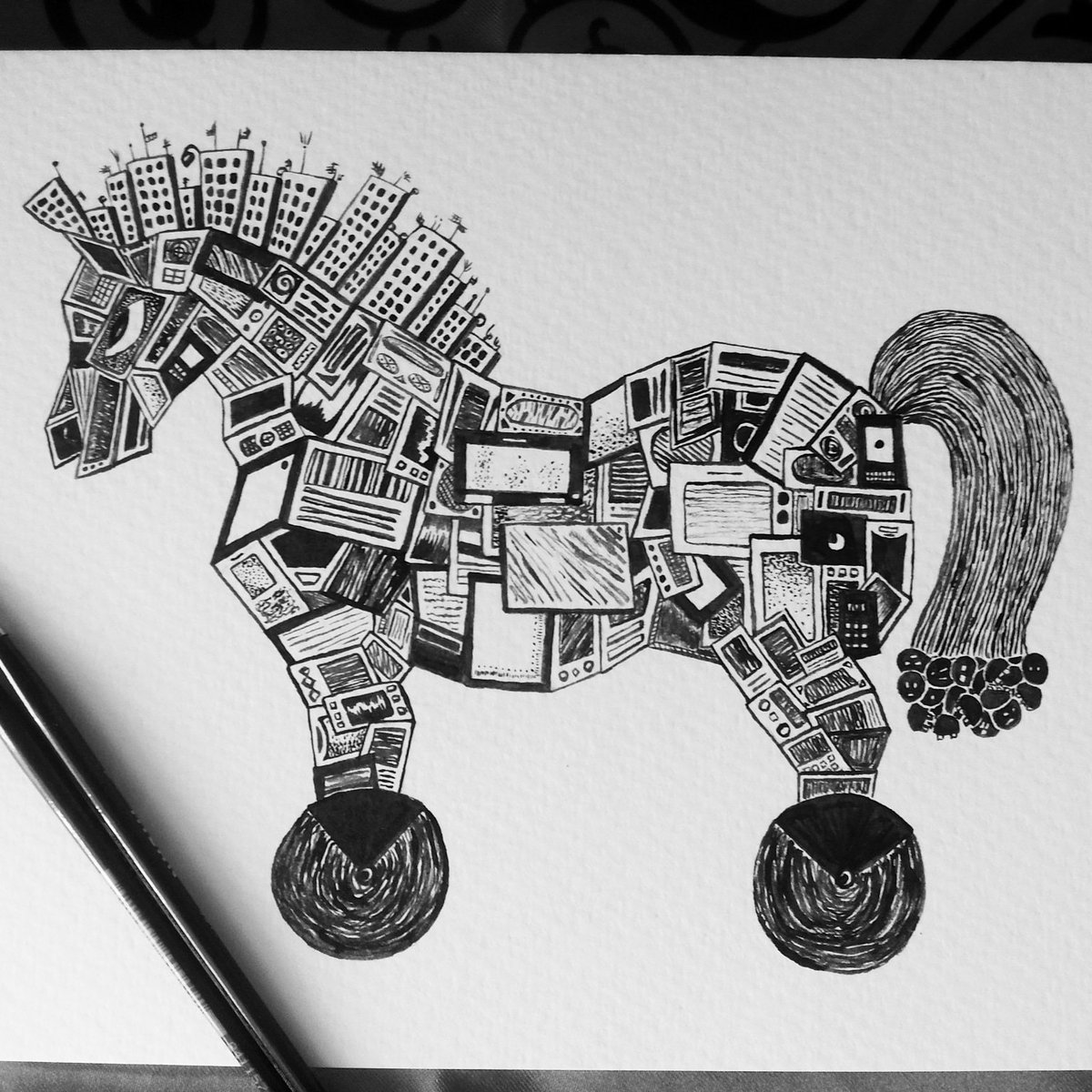 MillaNowak's tweet photo. Modern trojan horse- my entry for #CreateAsUs contest; ink only https://t.co/t3a9Dcp7qt
