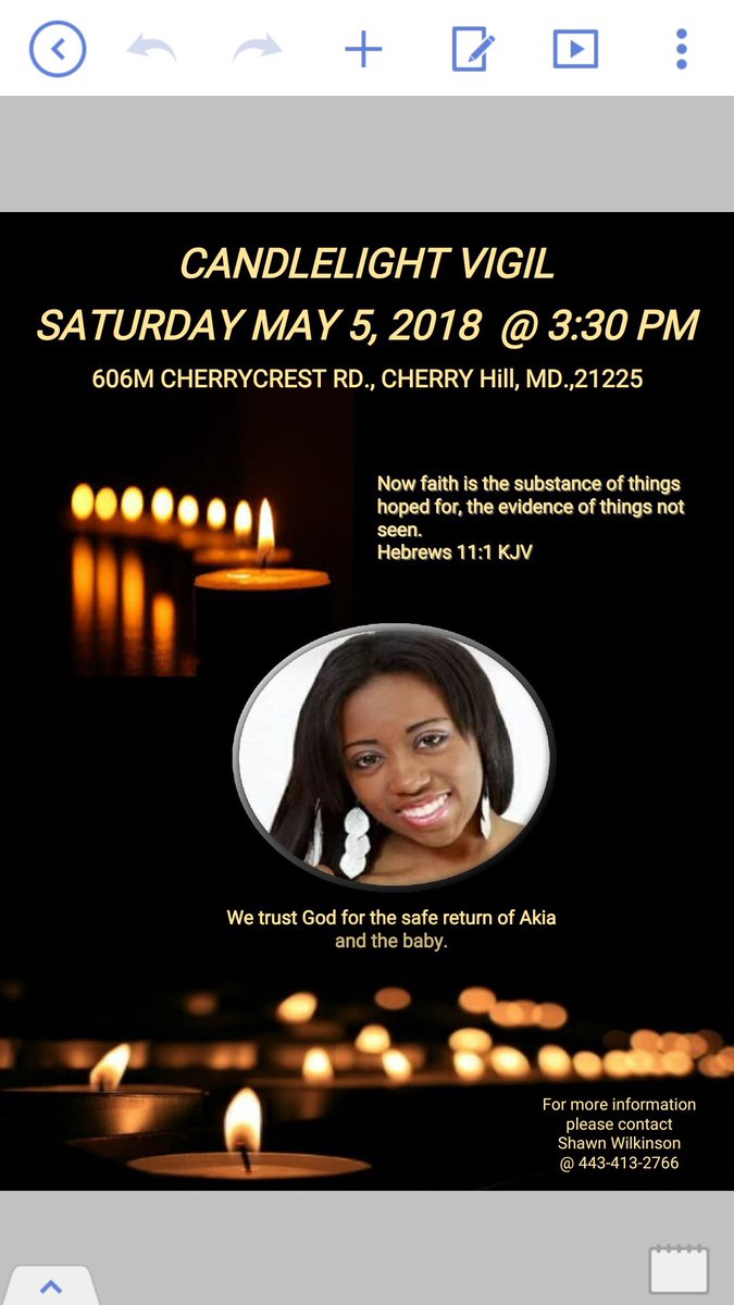 BAM_FI's tweet photo. #Baltimore, Md: Candlelight vigil for Akia Eggleston and son (#MISSING since May 3, 2017)
WHEN: Today, May 5; 3:30pm
#HelpUsFindAkia https://t.co/F3mqXYVX6y