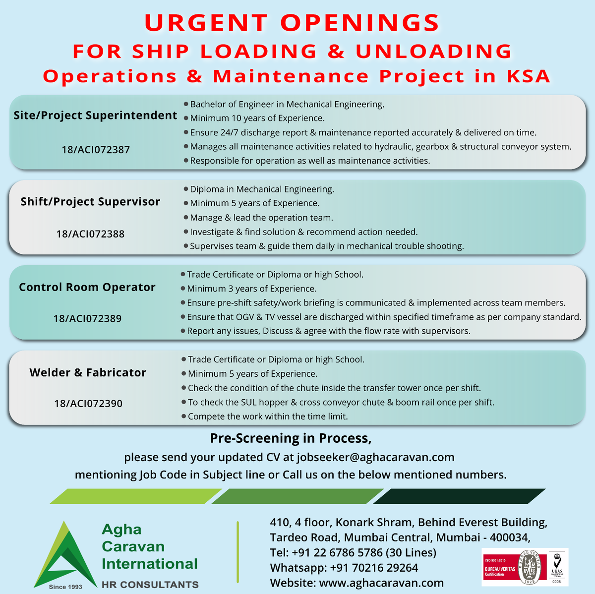 aghacaravanhrc's tweet photo. #opening,for Ship Loading Unloading Operation &amp; Maintenance Project in Saudi Arabia for #ProjectSuperintendent #supervisor #operator #welder #fabricator
Kindly send your updated resume at jobseeker@aghacaravan.com  or call us on 022 6786 5786 Whatsapp:-70216 29264 https://t.co/KBfkH9piR0