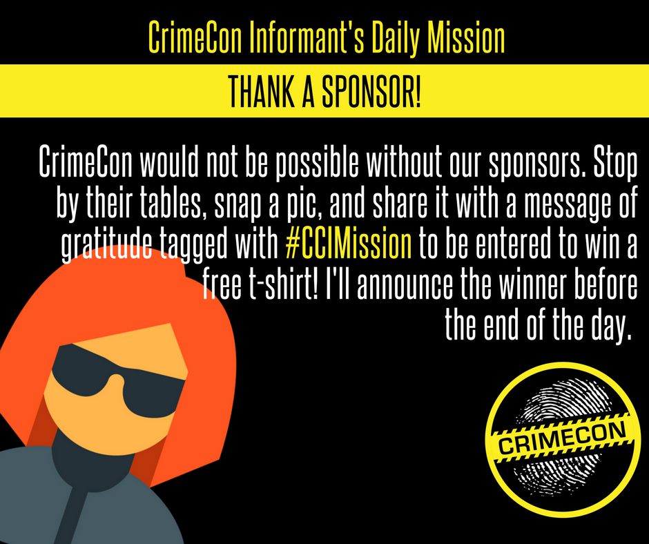 CrimeCon's tweet photo. #CrimeCon Informant here! I'll have a special mission for you each day during CrimeCon. If you choose to accept it, you'll be entered to win a free CrimeCon t-shirt! Today's #CCIMission: https://t.co/QIqtbVOYw9