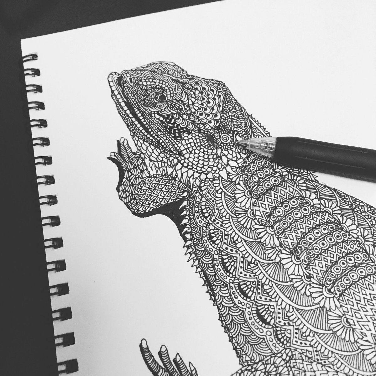 Saki ボールペン画アーティスト フトアゴヒゲトカゲさん練習 フトアゴヒゲトカゲ 爬虫類 ペン画 ペン画を流して ペン画民を増やそう Illustration Art Reptile