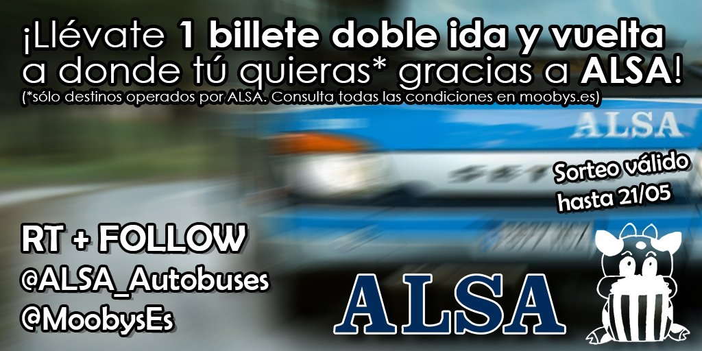 MoobysEs's tweet photo. #SORTEO #ViajaConAlsa

Nuestro colaborador @ALSA_Autobuses una vez más se une a Moobys para que disfrutes y escapes de la rutina. Gana un billete para 2 personas i/v.

Toda la información y bases del sorteo aquí:
https://t.co/I1CeJgIfE0 https://t.co/4d930irvB6