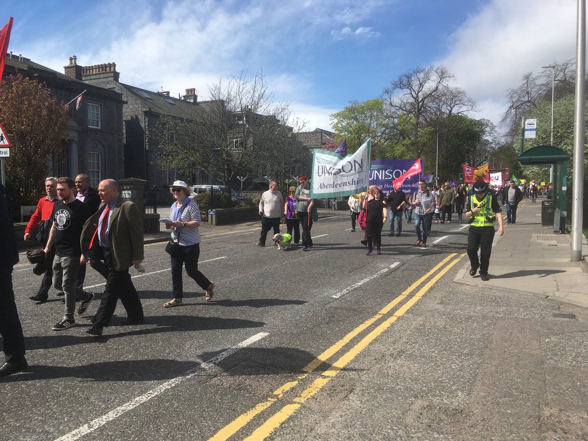 AberdeenTUC's tweet photo. Hundreds turned out for the Aberdeen May Day March and Rally in glorious sunshine to celebrate International Workers Day. Thanks to the Guarana Drummers and all our excellent speakers. #MaydayMarch https://t.co/ZM5YLbO2IC