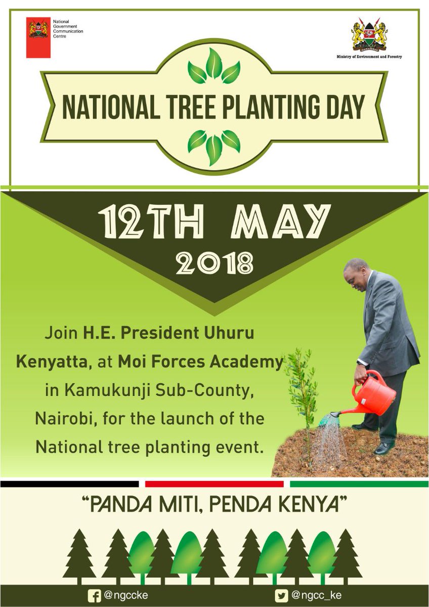 Ministry of Environment, Climate Change & Forestry (@environment_ke) on Twitter photo H.E President Uhuru Kenyatta will launch the National Tree Planting Day at Moi Forces Academy in Kamukunji on 12th May, 2018 from 9am. Join us by planting trees and donating trees seedlings to <a href="/KeForestService/">Kenya Forest Service</a> @ngcc_ke <a href="/TheStarKenya/">TheStarKenya</a>
#PandaMiti🌲PendaKenya🇰🇪 H.E President Uhuru Kenyatta will launch the National Tree Planting Day at Moi Forces Academy in Kamukunji on 12th May, 2018 from 9am. Join us by planting trees and donating trees seedlings to <a href="/KeForestService/">Kenya Forest Service</a> @ngcc_ke <a href="/TheStarKenya/">TheStarKenya</a>
#PandaMiti🌲PendaKenya🇰🇪