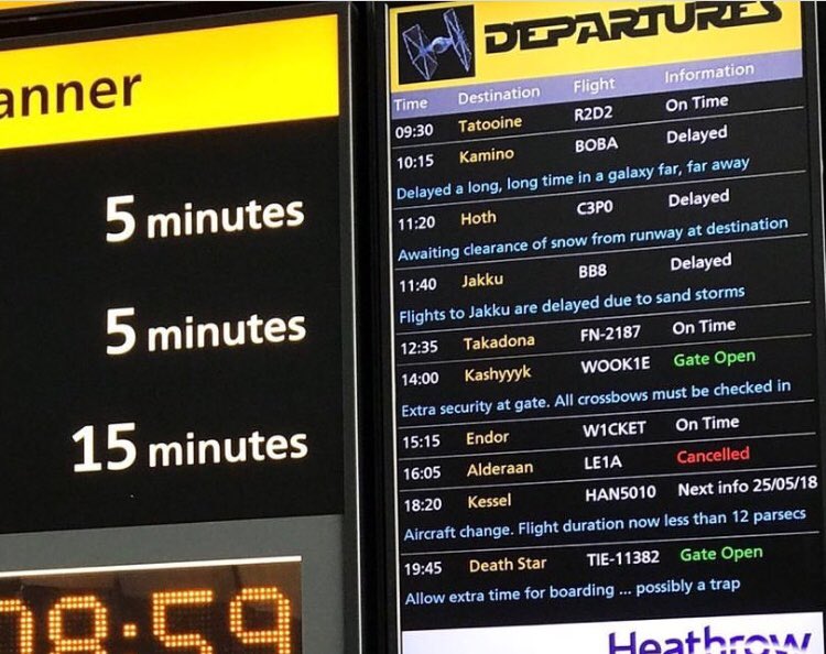 AllDisneyParks's tweet photo. Look at what Heathrow done yesterday to celebrate May the 4th!!😱 https://t.co/vpMLqspDRG