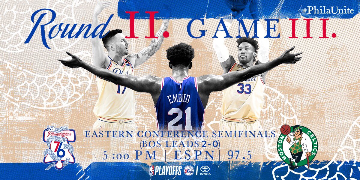 sixers's tweet photo. Back at our house.

🏀🆙: 5PM
📺: @ESPNNBA 
📻: @975TheFanatic 
📱: #PhilaUnite x #HereTheyCome https://t.co/0WDWBZVhPr