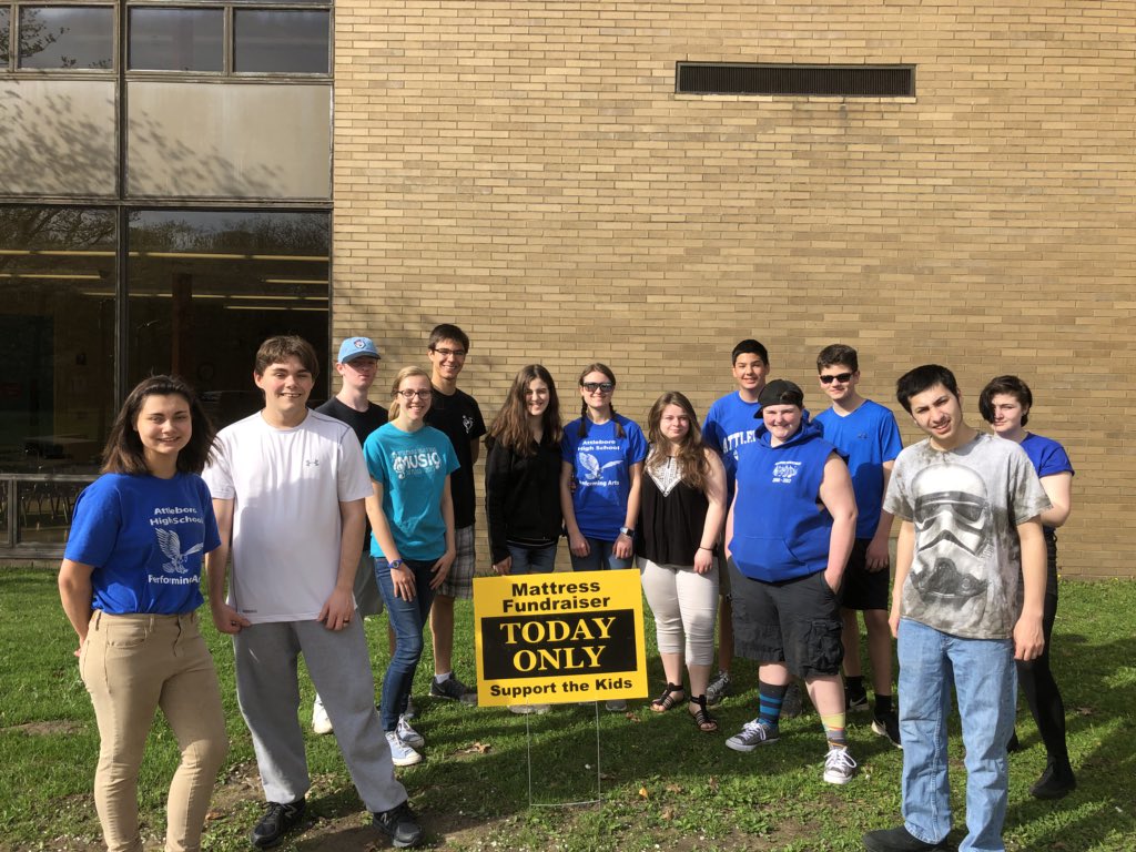 attleboromusic's tweet photo. Our Set-Up Crew is working hard! Our mattress fundraiser starts at 10:00 AM this morning in the B1 Cafeteria. Mattresses, pillows, frames, and more! All proceeds go to the AHS Music Department so we can get new instruments and continue to travel. #BluePrideLivesHere https://t.co/M9csqZCvJt