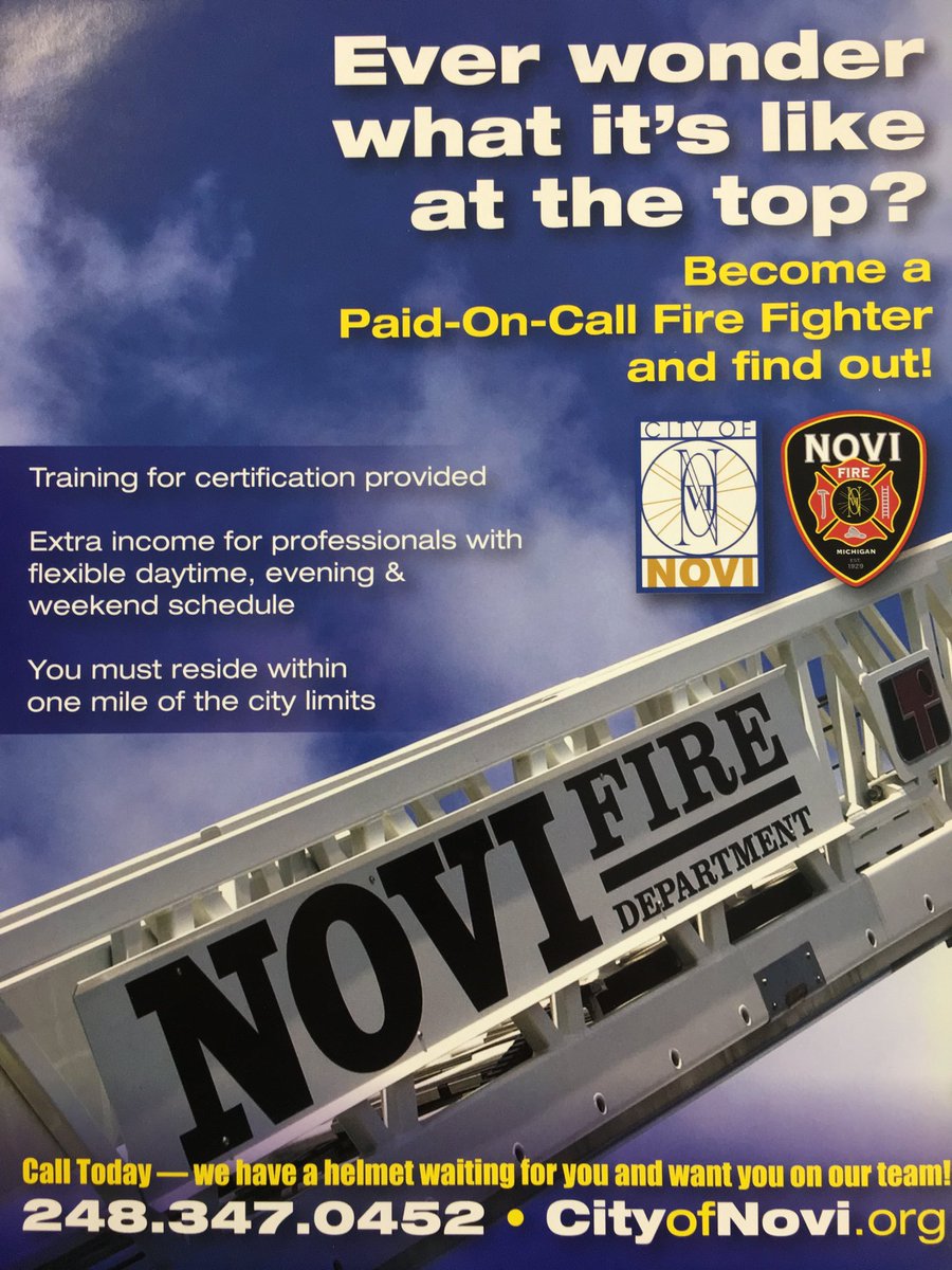 ChiefMolloy's tweet photo. Join one of the BEST Fire Departments in MICHIGAN! YOUR #NoviFD is accepting applications for Paid-on-Call & Auxiliary Fire Fighters. Flexible shifts & benefits. You ever wonder what it’s like at the top? We have a helmet waiting for you! Apply today! #NoviFire @cityofnovi https://t.co/UnjRHkex2S