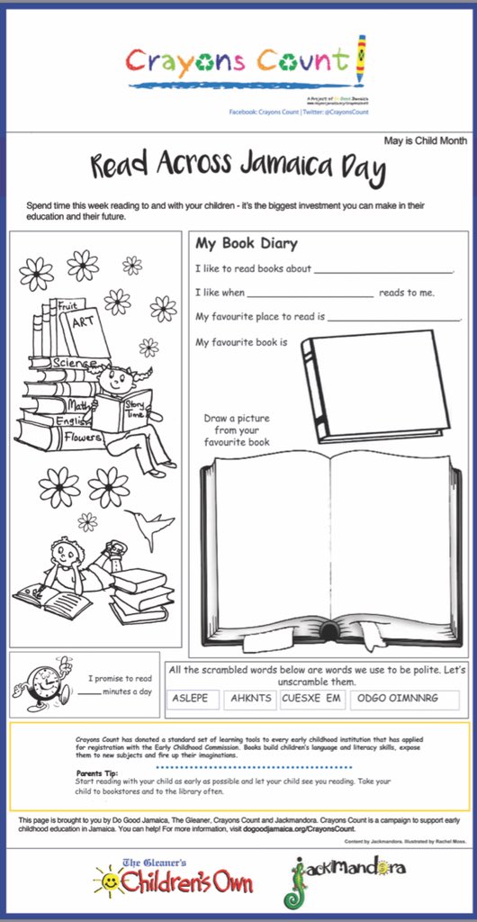 CrayonsCount's tweet photo. Today’s @JamaicaGleaner #CrayonsCount activity page is all about books and reading. May is Child Month and this Tuesday, May 8, is Read Across Jamaica Day. Spend some time reading to and with children #Read4Ja https://t.co/S9e3yFbdWs