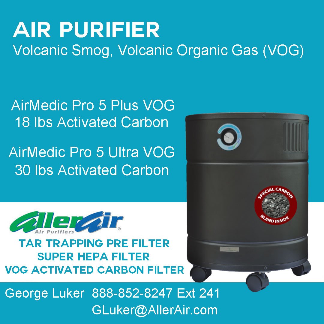 Pure_Air_Always's tweet photo. #AllerAir's Air Medic Pro 5 Plus VOG #airpurifier is designed to adsorb dangerous pollutants emitted through volcanic smog, or Volcanic Organic Gas. Volcanic #smog forms when sulfur dioxide &amp; other pollutants from an active #volcano react with oxygen, moisture, dust &amp; sunlight. https://t.co/yWtKq8yMY9
