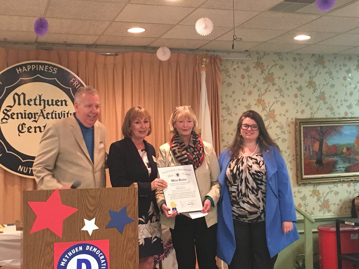 Thanks so much to <a href="/JessFinocchiaro/">Jessica Finocchiaro</a> and the <a href="/methuendems/">Methuen Democrats</a> for hosting us at your breakfast this morning. Great to meet new voters, see former constituents, and have the honor of presenting Christine Metzemaekers with the Democrat of the Year award!