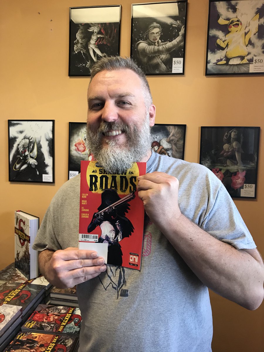 cullenbunn's tweet photo. The comic so good, @brihurtt ‘s beard is eating it! #fcdb #shadowroads https://t.co/NFMXgTPdol