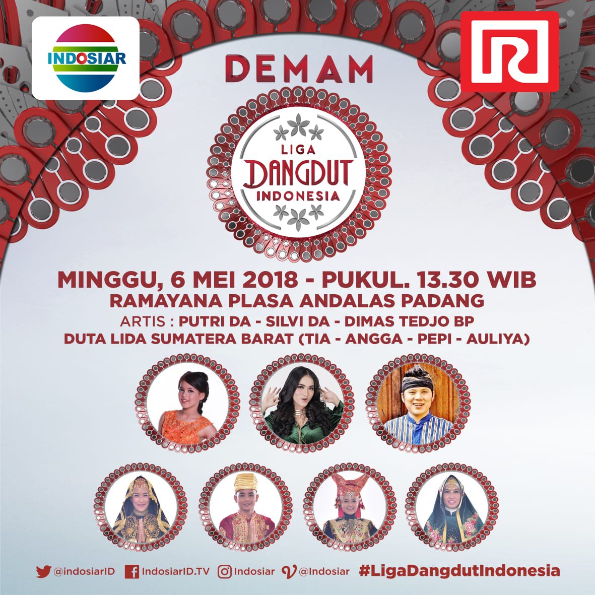 Halo Padang! Udah siap joget bareng Putri DA, Silvi DA, Dimas Tedjo BP, dan finalis LIDA provinsi Sumatera Barat? Yuk, datang ke acara Demam #LigaDangdutIndonesia hari Minggu, 6 Mei, pukul 13.30 WIB di Ramayana Plasa Andalas Padang. Acara ini gratis!