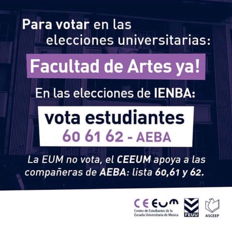 Porque ya lo dijo el CEEUM, porque llevamos adelante un trabajo real por la concreción de Facultad de Artes, porque trabajamos codo a codo por y para las estudiantes.

Vota <a href="/aebacarajo/">AEBA - FEUU</a> y en donde sea que votes respalda a tu centro o asociación de estudiantes <a href="/asceepfeuu/">FEUU - URUGUAY</a>