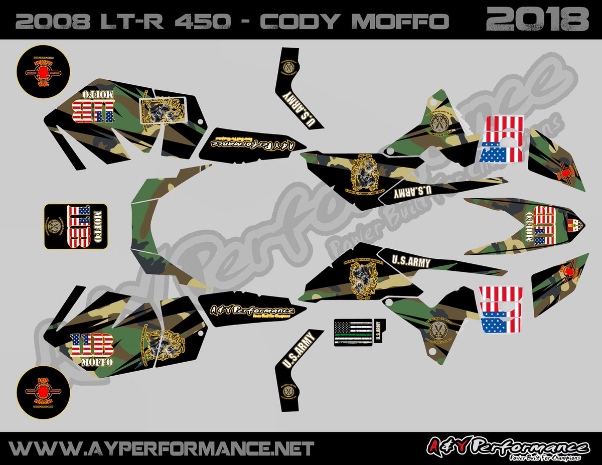 Another #customerapproved kit for veteran @moffo30 #AYPerformance #PowerBuiltForChampions #AYGraphicsKit #CustomGraphics #Suzuki #LTR450 #WeSupportVeterans