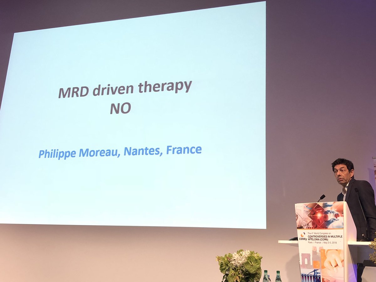 VincentRK's tweet photo. Philippe Moreau of IFM nails the debate at #COMy18 on whether we have data to act on MRD status in myeloma to change therapy. Makes convincing argument that while MRD is prognostic, more data needed to change therapy based on MRD result. @Mohty_EBMT https://t.co/yiqA3impWm