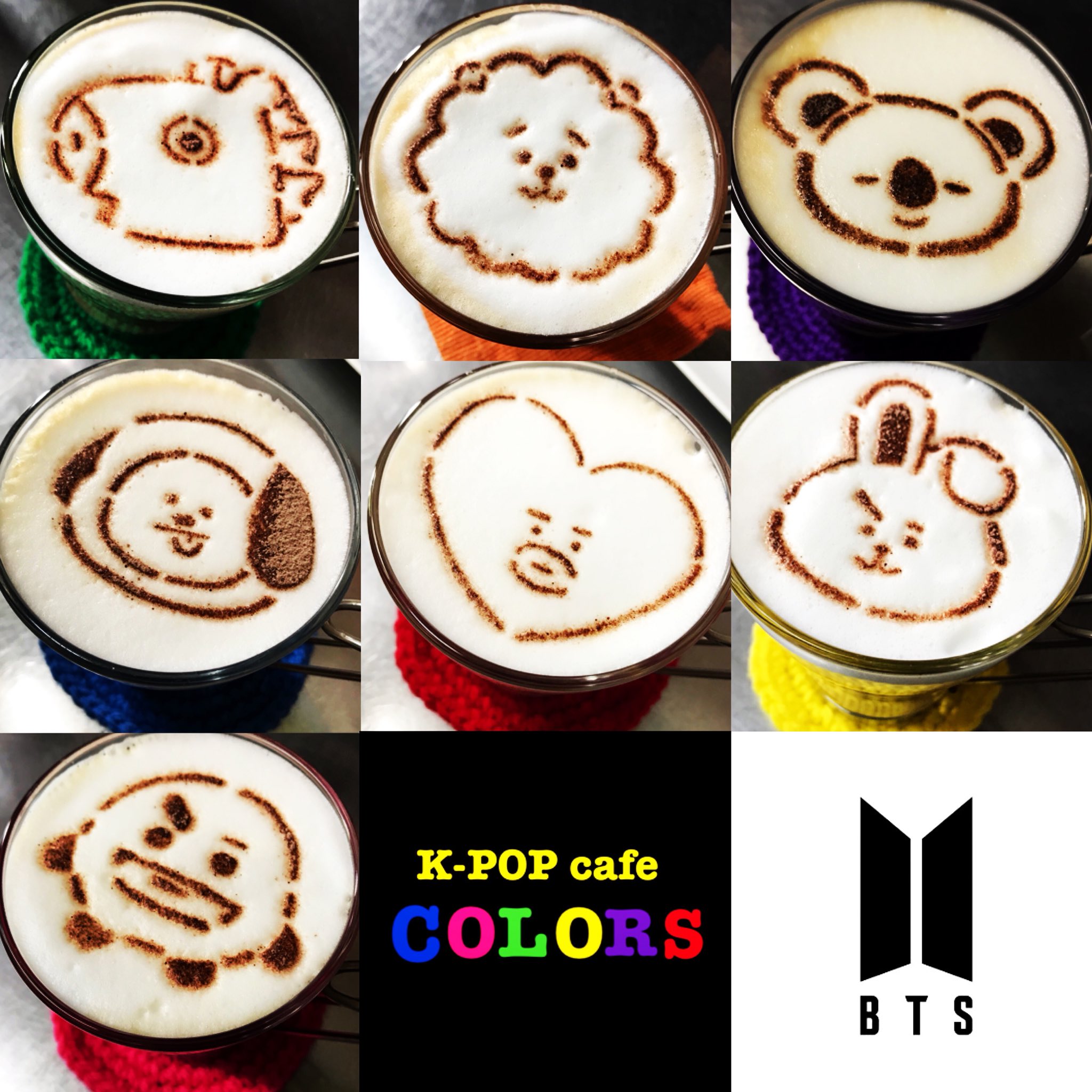 K Pop Cafe Colors バンタンのbt21バージョンのラテアートができました O どのキャラクターもほんとにかわいい 作ってる私もテンション上がります コースターもしっかりメンバーカラーで 鶴橋 カフェ K Pop Cafe コリアタウン