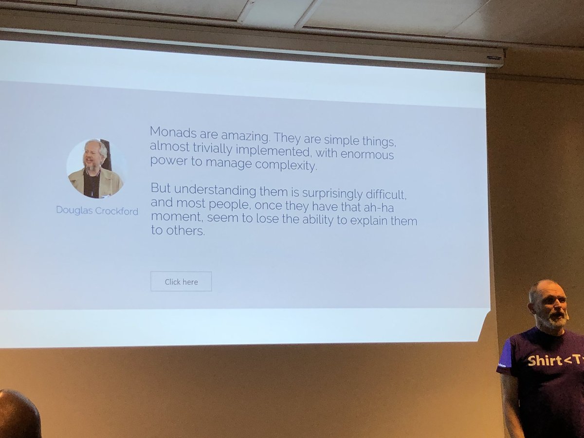 randyshoup's tweet photo. Once you understand monads, you lose the ability to explain them to others 

@aahoogendoorn *explaining monads* at #BuildStuffES https://t.co/ni3MkWeOlp