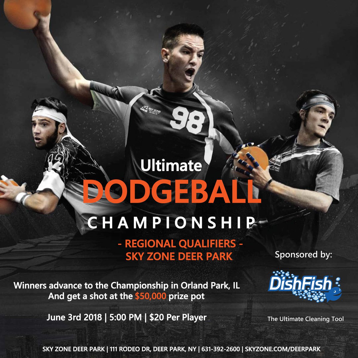 thedishfish's tweet photo. Play hard but keep it clean 👊 DishFish is proud to be the Title Sponsor for the @skyzone ULTIMATE DODGEBALL CHAMPIONSHIP #UDC Regional Qualifier @ #SkyZoneDeerPark 🤜 June 3rd. 

The #UDC2018 Dodgeball National Championship will be held Aug 2-5, 2018 in Orland Park, IL https://t.co/KUw0NpQFvW