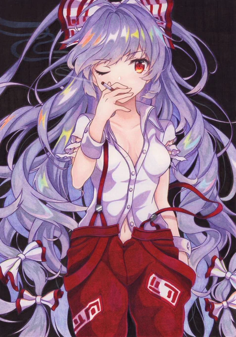 一服してる妹紅さん描いてみました。
◆使用画材◆ 水彩色鉛筆 ミリペン 水彩 アクリル白 