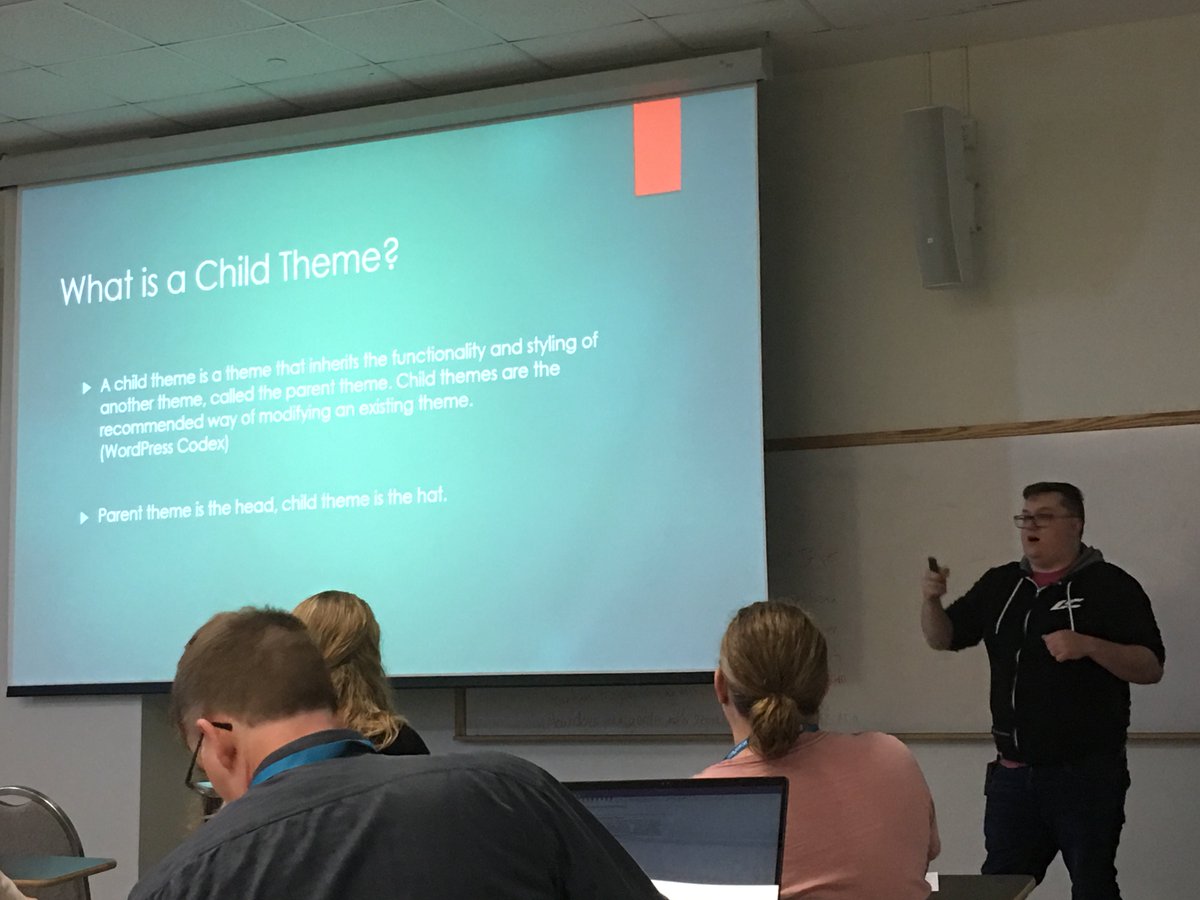 WPDistrict's tweet photo. “Child themes are not themes for children. Their a way to customize your #WordPress theme without affecting the underlying code.” says @nickadamstv of @thewpbuffs at @WordCampBuffalo #wcbuff https://t.co/inU1BjJE2W