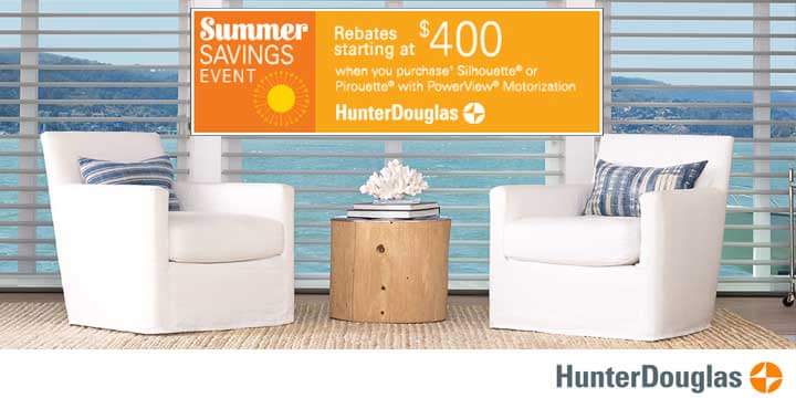 DecorDesignOS's tweet image. Summer Savings from Hunter Douglas Rebates starting at $400 !!
Visit us today, and get your blinds