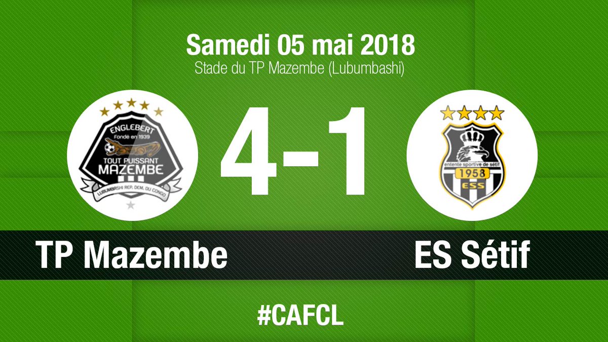 AFD_English's tweet photo. CAF Champions League | Result:
TP Mazembe🇨🇩 4-1 🇩🇿ES Sétif : The crows inflict severe 4-1 correction to the Algerian Eagles.
GOALS :
Ben Malango 11' (P) 23'
Chamseddine Nassakh 12'
Elia Meschack 62'
Nathan Sinkala (P) 81'
#CAFCL #TPMESS https://t.co/wG1W85w5KE